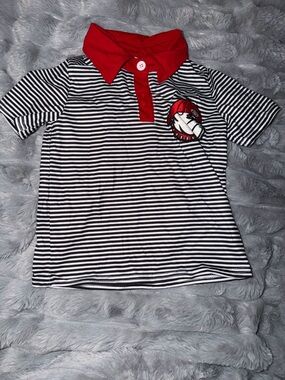 Red Collar Black & White Striped Kids Polo Shirt